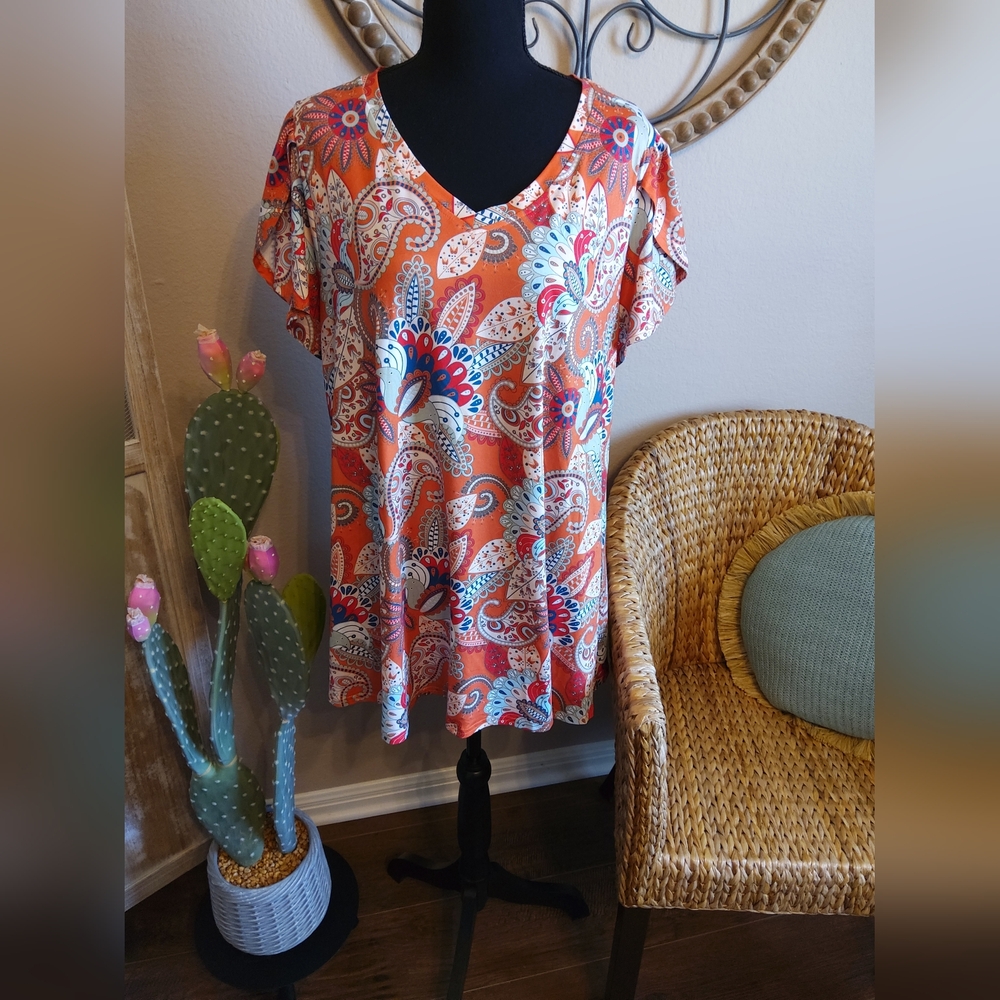 Enmain Paisley Print V-Neck Top - Orange and Blue